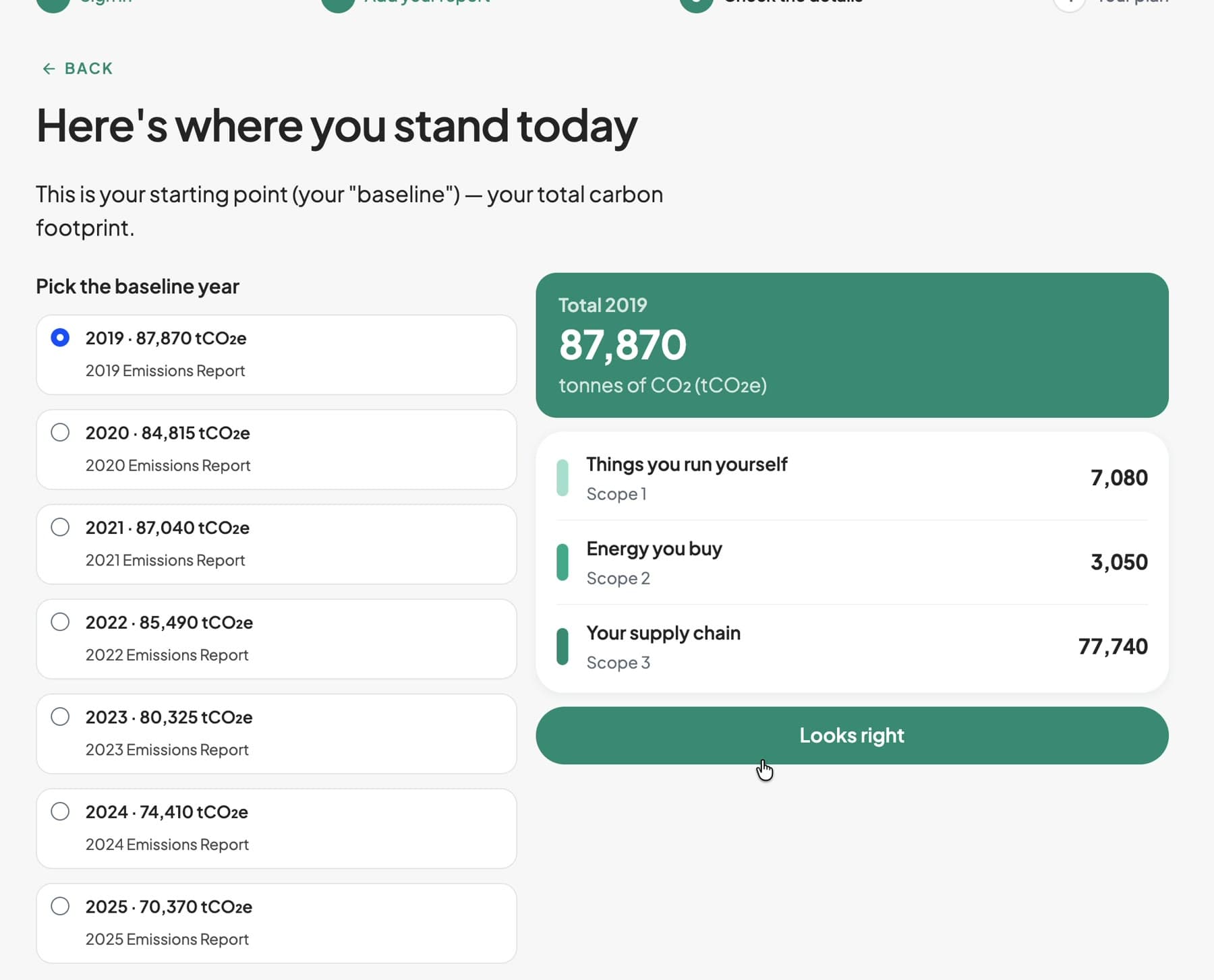 Baseline screen splitting emissions into things you run yourself, energy you buy and your supply chain