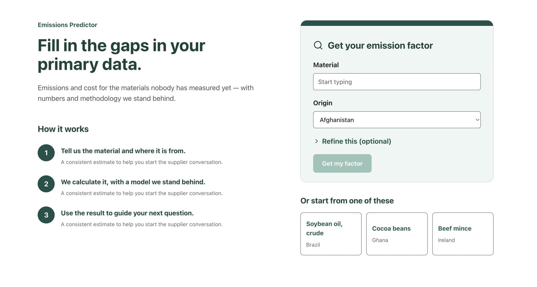 Emissions predictor: enter an ingredient or material and its origin to get an emission factor