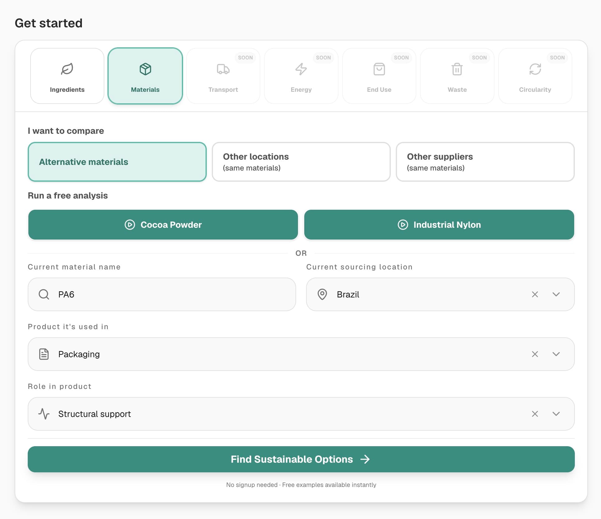 Unibloom Switch: choose a material, then compare alternative materials, other locations or other suppliers, and run a free analysis