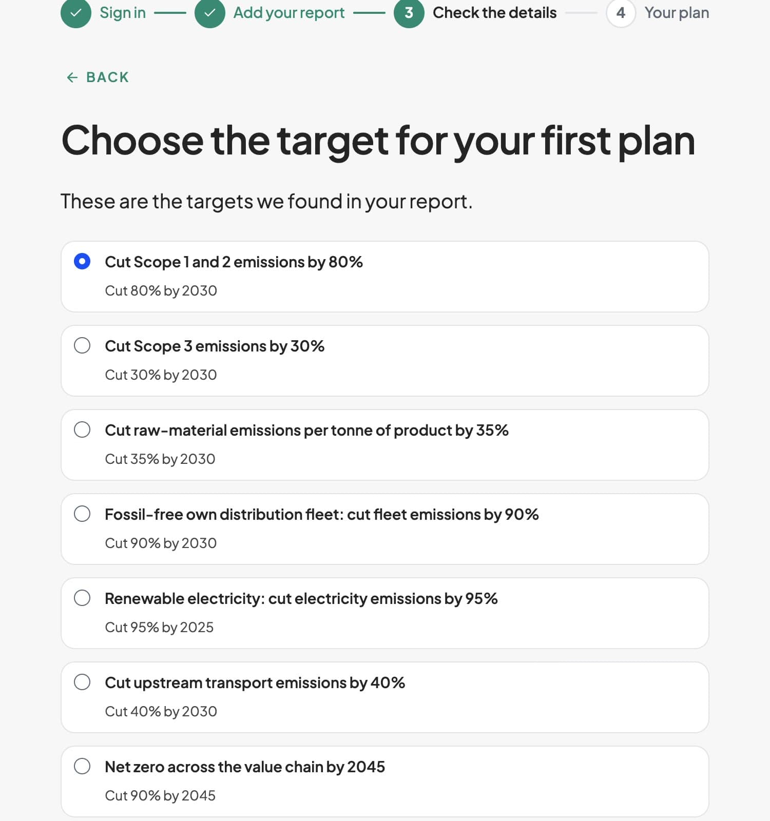 Choosing the target for your first plan from the targets found in your report